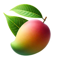 One whole red and yellow and green mango fruit with leaves isolated on white background with clipping path.
