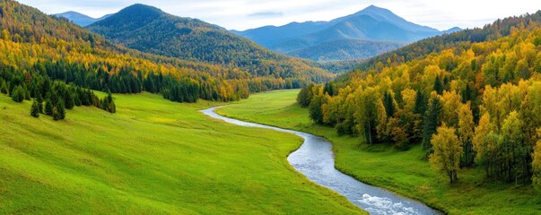 Naklejka premium Amidst mountains nature idea. Beautiful river flowing through vibrant autumn forest and mountains.