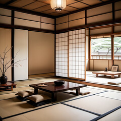 Japanese Zen Living Room: A minimalist living space with tatami mats, sliding shoji screens, low wooden furniture, and natural materials promoting tranquility.