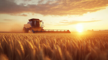 Fototapeta premium Golden wheat field with harvesting combine harvester at sunset rural farm agricultural machinery farming food production autumn season