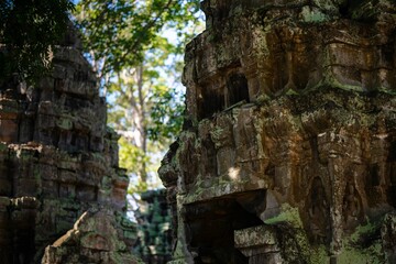 Fototapeta premium Ancient stone temple ruins enveloped in nature.