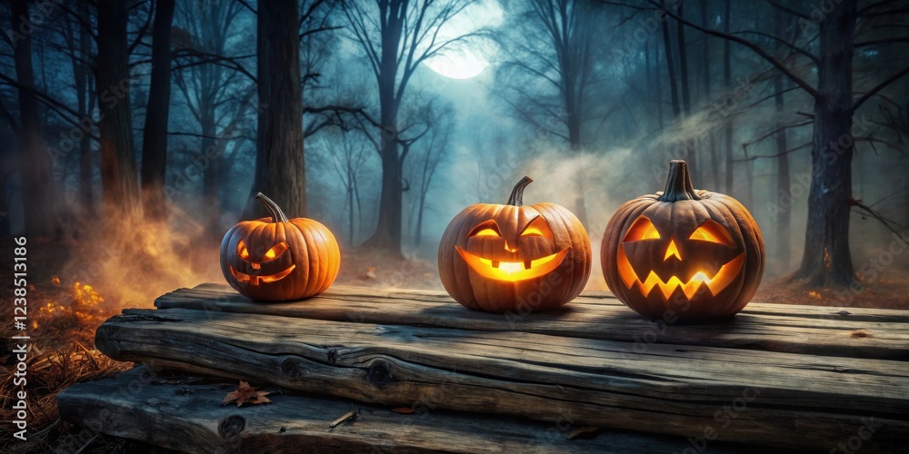 Poster illuminated jack-o'-lanterns on rustic wooden surface in a mysterious forest at night