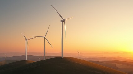 A serene landscape featuring wind turbines at sunset, symbolizing renewable energy and environmental sustainability.