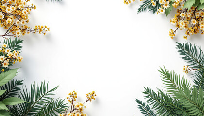Obraz premium White background with yellow flowers and green leaves forming a frame