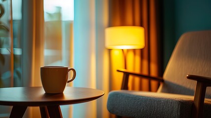 Cozy living room with armchair, side table, cup, and warm lamplight.