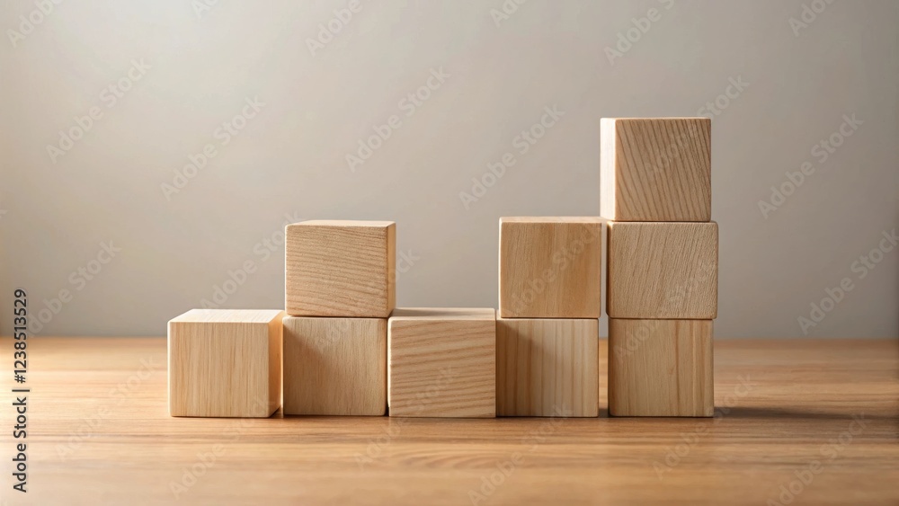 Aufkleber Simple Wooden Blocks Arranged in an Ascending Pattern on a Light Brown Table