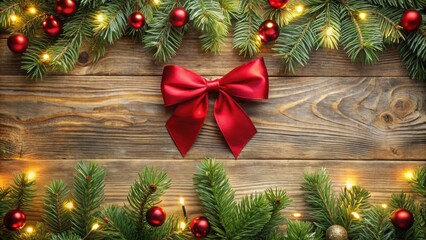Rustic Wooden Background with Festive Evergreen Branches, Red Ornaments, and a Satin Bow