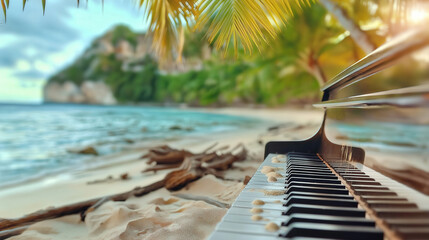 A grand piano majestically sits on the soft sand of a tropical beach, surrounded by vibrant palm trees and a calm turquoise ocean. This serene setting beckons for musical exploration and relaxation