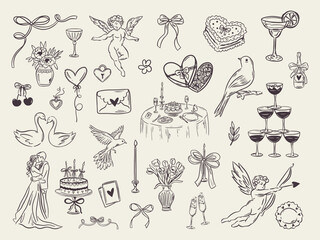 Set of whimsical hand-drawn love aesthetic illustartion in trendy vintage style. Perfect for quirky wedding holiday, dinner and bar menu, bachelorette party, birthday invitation, sign