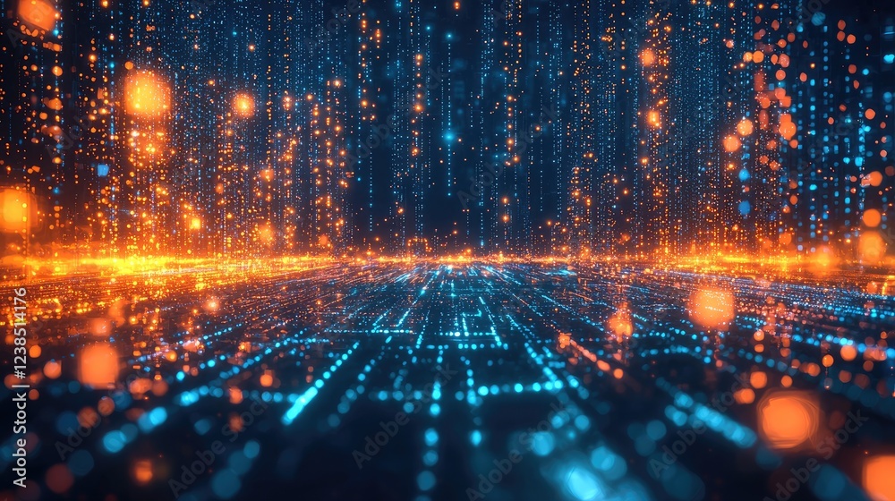 Aufkleber A futuristic cityscape with a digital or virtual aesthetic. It features glowing neon colors predominantly in blue and orange. The scene is filled with geometric lines and shapes.