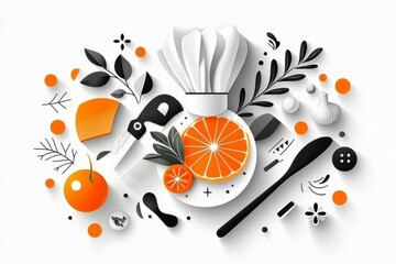 A flat illustration of a chef expertly garnishing a dish, with detailed icons of ingredients and utensils neatly arranged around them on a clean canvas