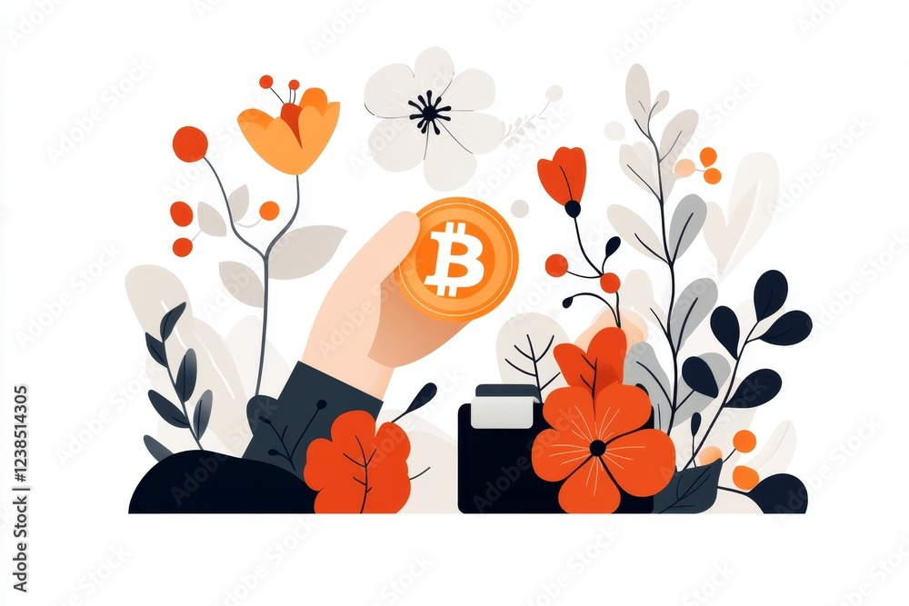 Poster a flat, modern design of a hand placing a coin into a digital wallet, symbolizing online deposits, w