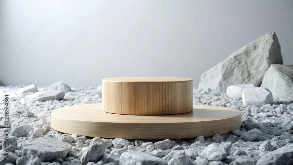 Poster elegant wooden display platform on a pebble surface