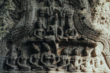 Fototapeta premium Intricate stone carvings on a temple wall.