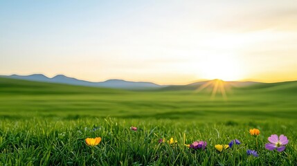 Obraz premium Wildflower fields nature concept. A vibrant landscape features blooming flowers under a radiant sunrise in a green meadow.
