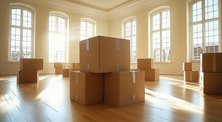 Boxes packed for moving in an empty room.