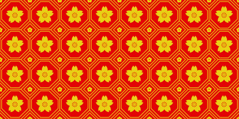 Geometric Asian line art seamless pattern with oriental traditional shapes flowers ornament, waves. Red and gold Japanese print for lunar chinese new year decoration. Luxury retro vector illustration