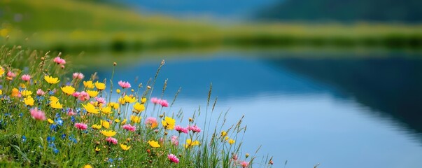 Wildflower fields nature concept. Vibrant wildflowers blooming beside a tranquil lake in a picturesque landscape.