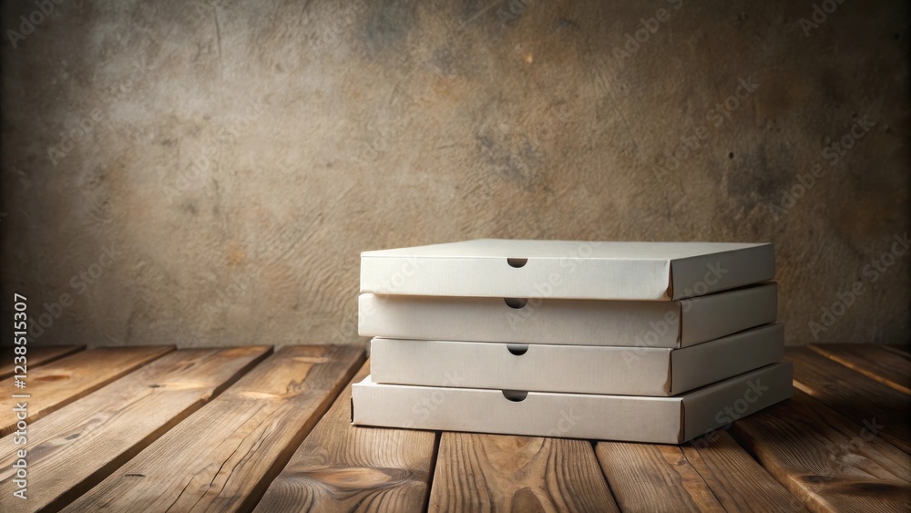 Poster stack of blank cardboard boxes on rustic wooden table