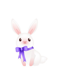 Adorable smiling rabbit with purple ribbon and bow. Funny positive bunny with long ears. Cute and playful rabbit. 3d cartoon animal design. Vector illustration isolated on white background