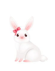 Adorable smiling rabbit with pink ribbon and bow. Funny positive bunny with long ears. Cute and playful rabbit. 3d cartoon animal design. Vector illustration isolated on white background
