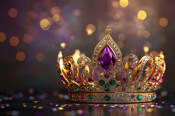 Ornate gold crown on the side, decorated with purple and green gems with space for text