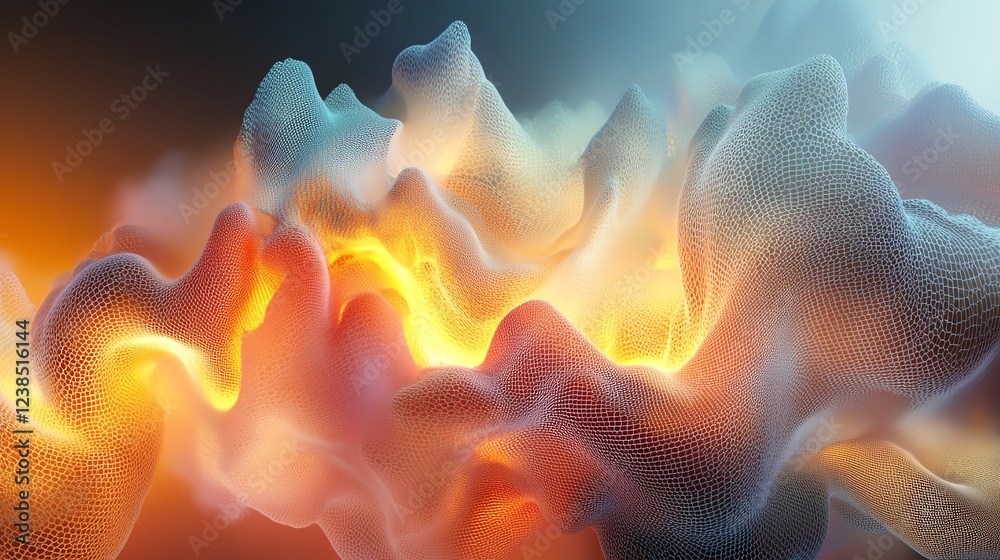 Poster dynamic abstract composition of glowing flowing shapes with a mesh texture in a vibrant color gradie