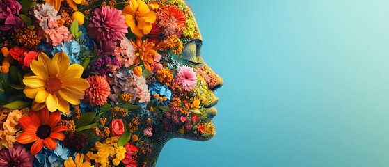 Artistic human head outline with a garden of flowers inside, bright and vivid colors representing mental wellness and positivity, intricate floral details