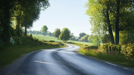 Fototapeta premium Winding country road, sunny day, green hills. Travel imagery
