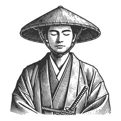 Samurai in Traditional Hat and Robes raster