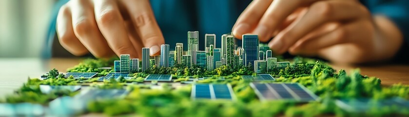 Obraz premium Closeup of hands assembling puzzle pieces that transform into a lush green cityscape, filled with solar panels and wind turbines, emphasizing collaborative sustainability