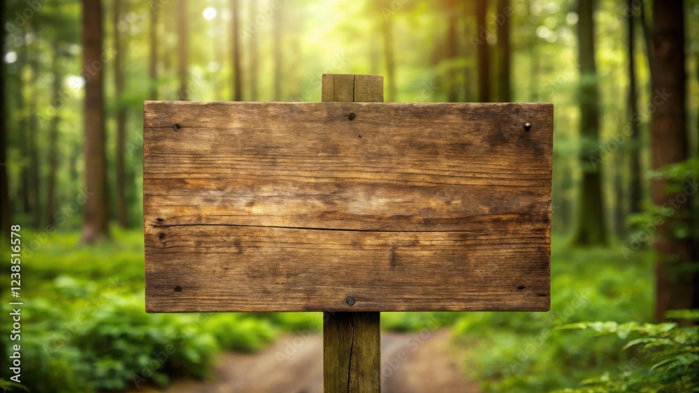 Poster rustic wooden signpost in a verdant forest setting, perfect for your message