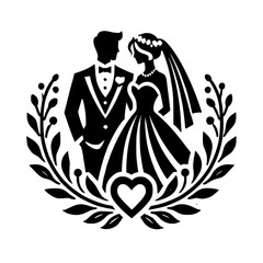 Elegant Black and White Wedding Couple Illustration. Perfect for invitations, announcements, or romantic designs.  A timeless symbol of love and commitment.