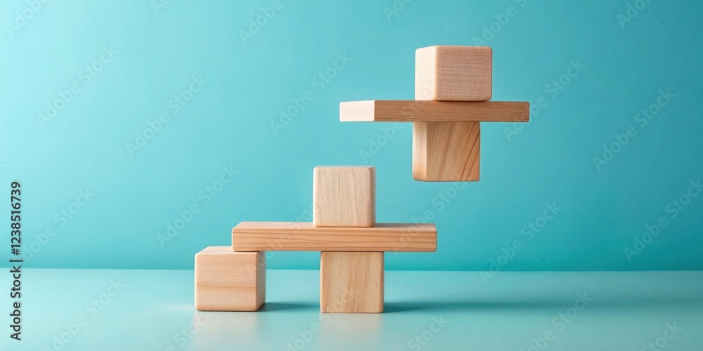 Poster balanced wooden blocks on a teal background a concept of stability and equilibrium
