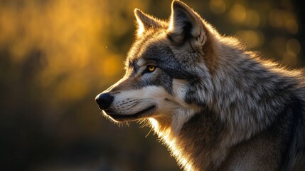 Fototapeta premium Majestic wolf silhouette illuminated by sunrise, highlighting its textured coat and sharp features