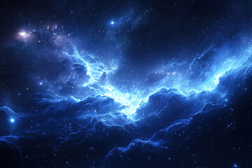 Fototapeta premium Expansive deep space scene with glowing blue nebula clouds and scattered stars.