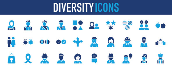 Set of Diversity icon. Right, Cancer Ribbon, Man, Insect, Feedback, Diversity, Relationship, Equality, Arrow, Female, Worker, Cook, Violence, Handbag, Agent, Girl, Speech Bubble vector. 