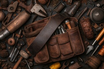 A hyper-realistic close-up of a leather tool belt with different compartments filled with versatile tools, showing intricate textures and fine details