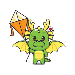 dragon mascot cartoon character vector illustration playing kite.
