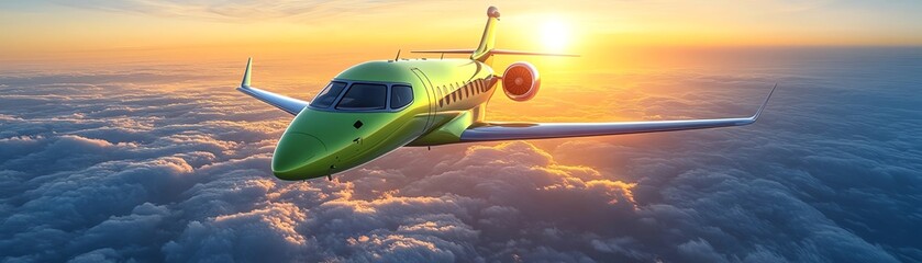 Fototapeta premium Futuristic airplane fueled by green ecofriendly energy, soaring through a clear sky, symbolizing sustainable air travel and environmental conservation, vibrant and clean design