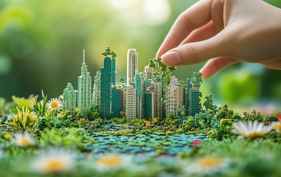 Hands arranging puzzle pieces into a harmonious green city, surrounded by nature, solar energy, and clean urban design, representing collaborative progress