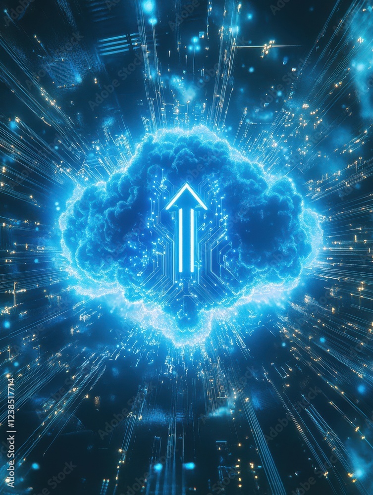 Poster abstract cloud technology background with blue digital cloud symbol with arrow up and lots of glowin