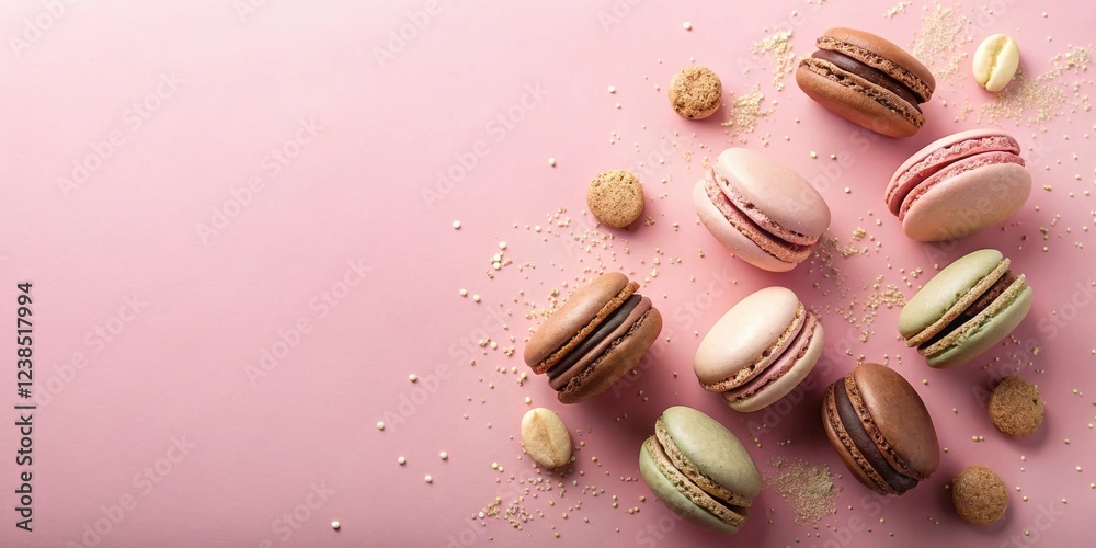Poster a delightful assortment of pastel-colored macarons with chocolate filling, adorned with sprinkles an