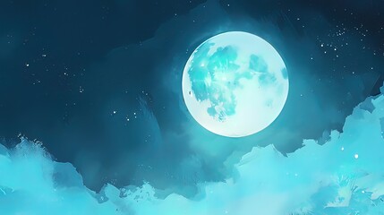 Fototapeta premium Full turquoise moon shining brightly in night sky, surrounded by clouds and stars.
