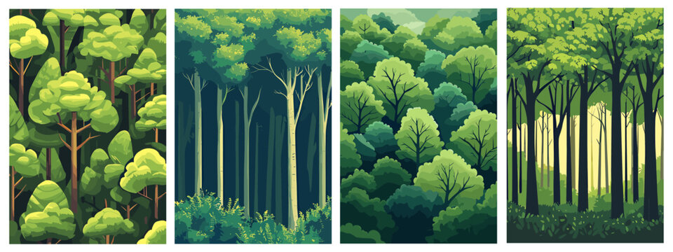 Forest with green trees vertical posters set green background. Simple shapes of variouse crones tree trunks. Beauty of wild nature adventure. Cartoon style vector illustration