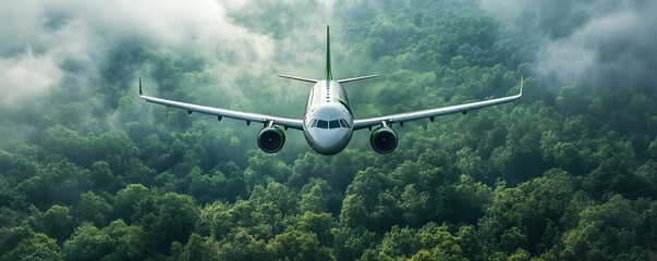 Innovative green aviation fuel fueling a modern jet, symbolizing a sustainable air travel future, lush green landscapes, and environmental protection themes, stunning details