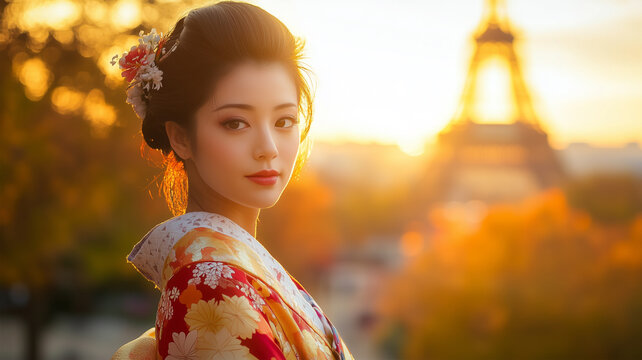 パリの夕暮れに映える着物姿—エッフェル塔と日本の伝統美