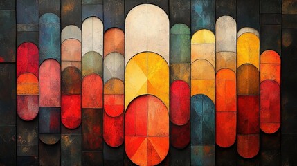 Colorful tiled wall decor, repeating shapes, use in abstract background texture