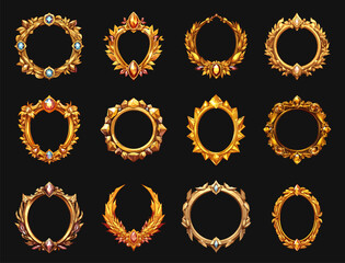 Golden avatar frames set. Game design asset with gemplate for signature. Round circle glossy decorated rings. Ui design elements. Cartoon style isolated vector clipart collection