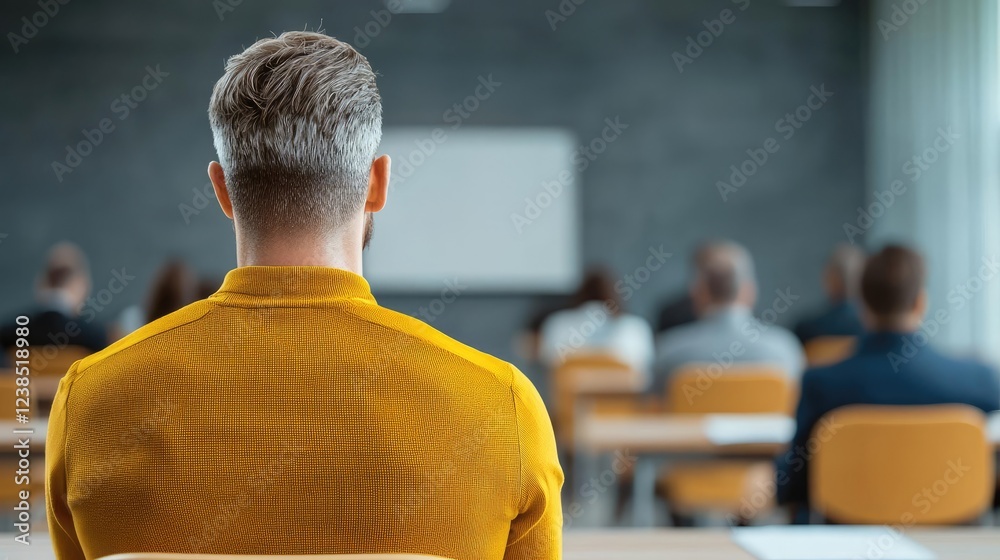 Poster networking event idea. a focused individual attending a professional seminar in a modern conference 